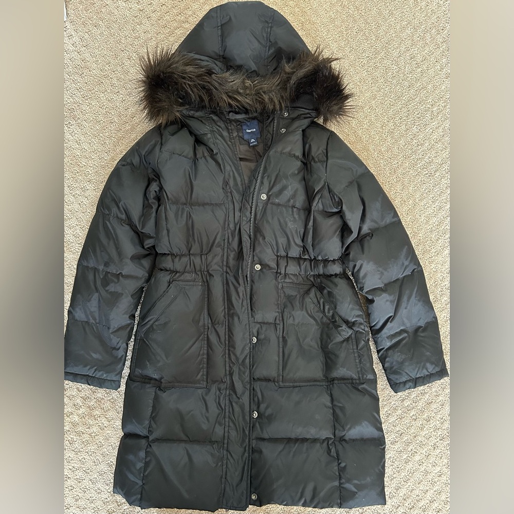 GAP kids girls Black Hooded Puffer Coat with Fur Trim